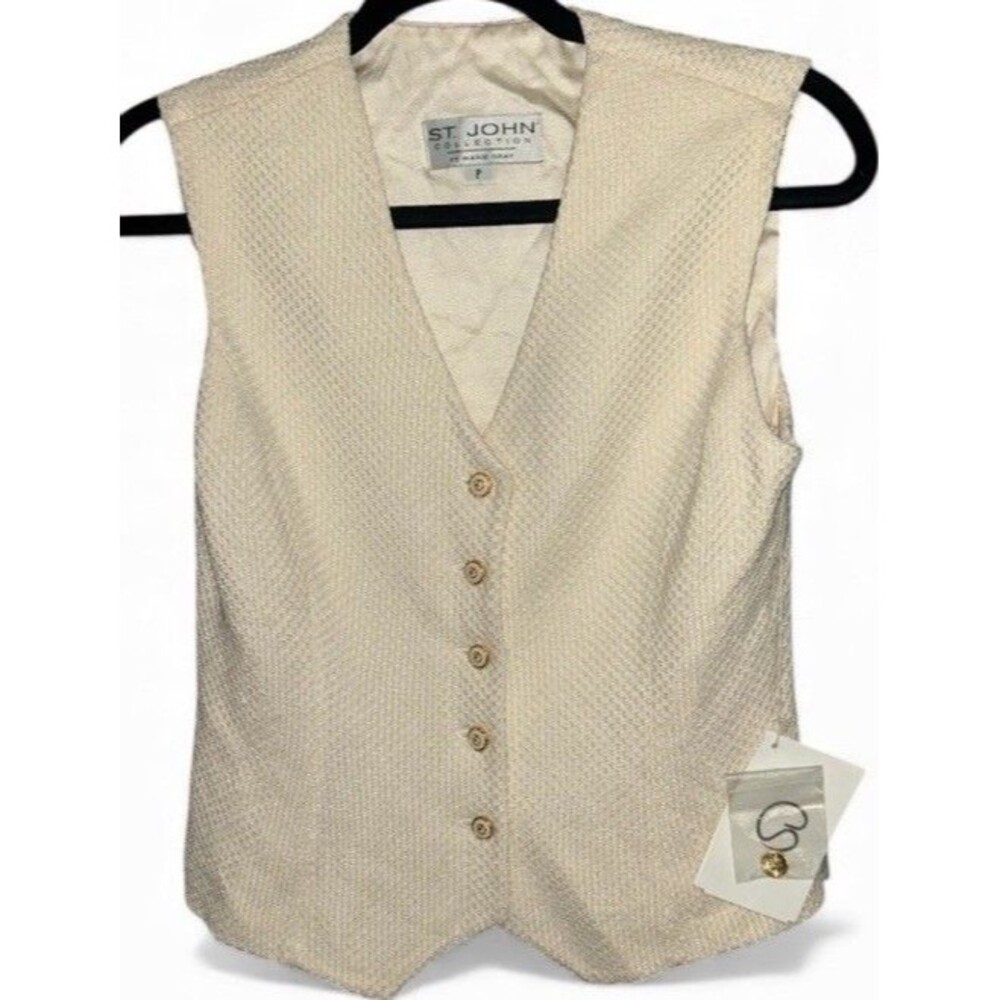 St John Collection Marie Ivory Wool Silk Vest Bright White Gold Buttons Sz P NWT